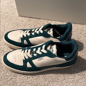 Coach Men's White and Green Low-Top Sneakers with Suede Accents